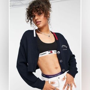 NWT TOMMY JEANS Logo Cropped Oversized Cardigan in Navy